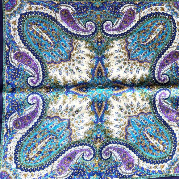 Silky scarf navy & light blue green gold cream paisley vintage mid century chic - Picture 2 of 6